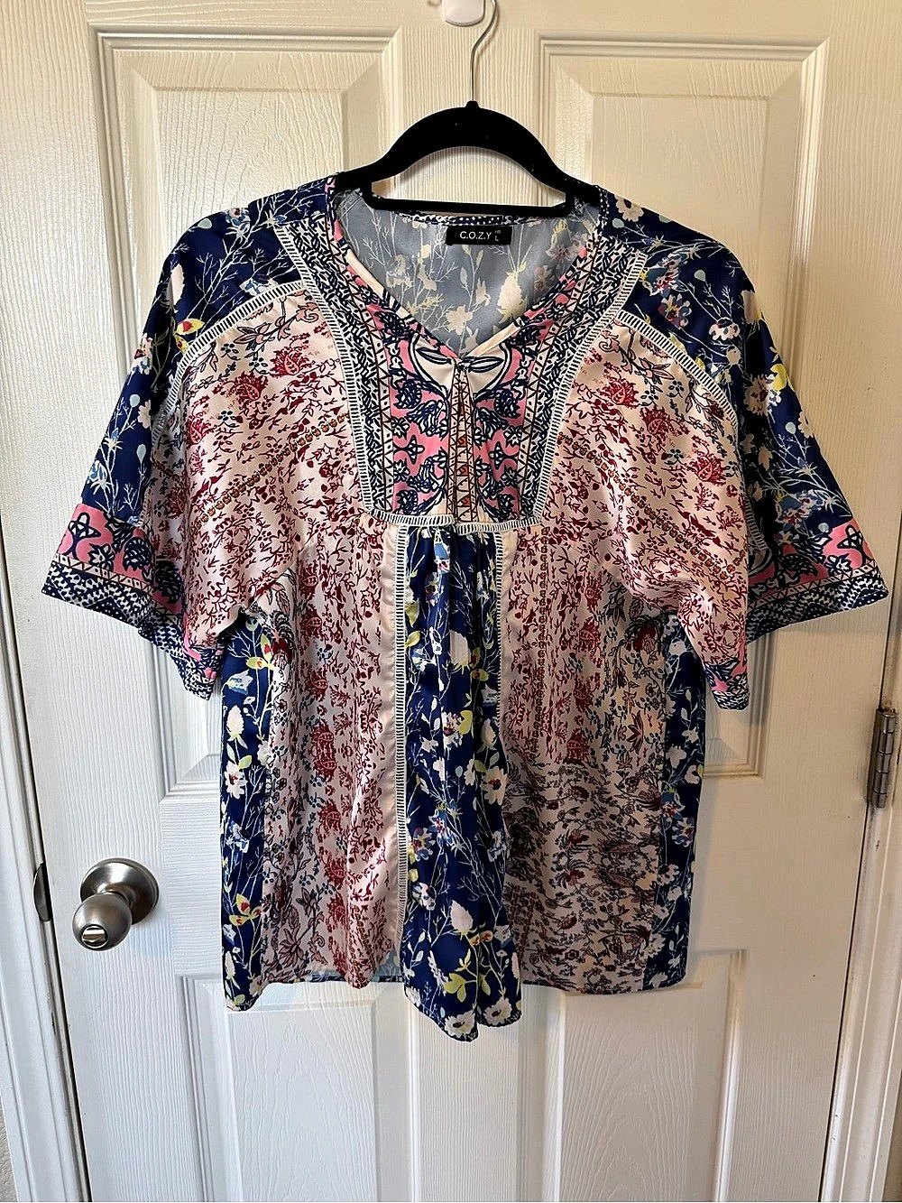 C.O.Z.Y. Boho Floral Patchwork Satin Blouse Top Size L